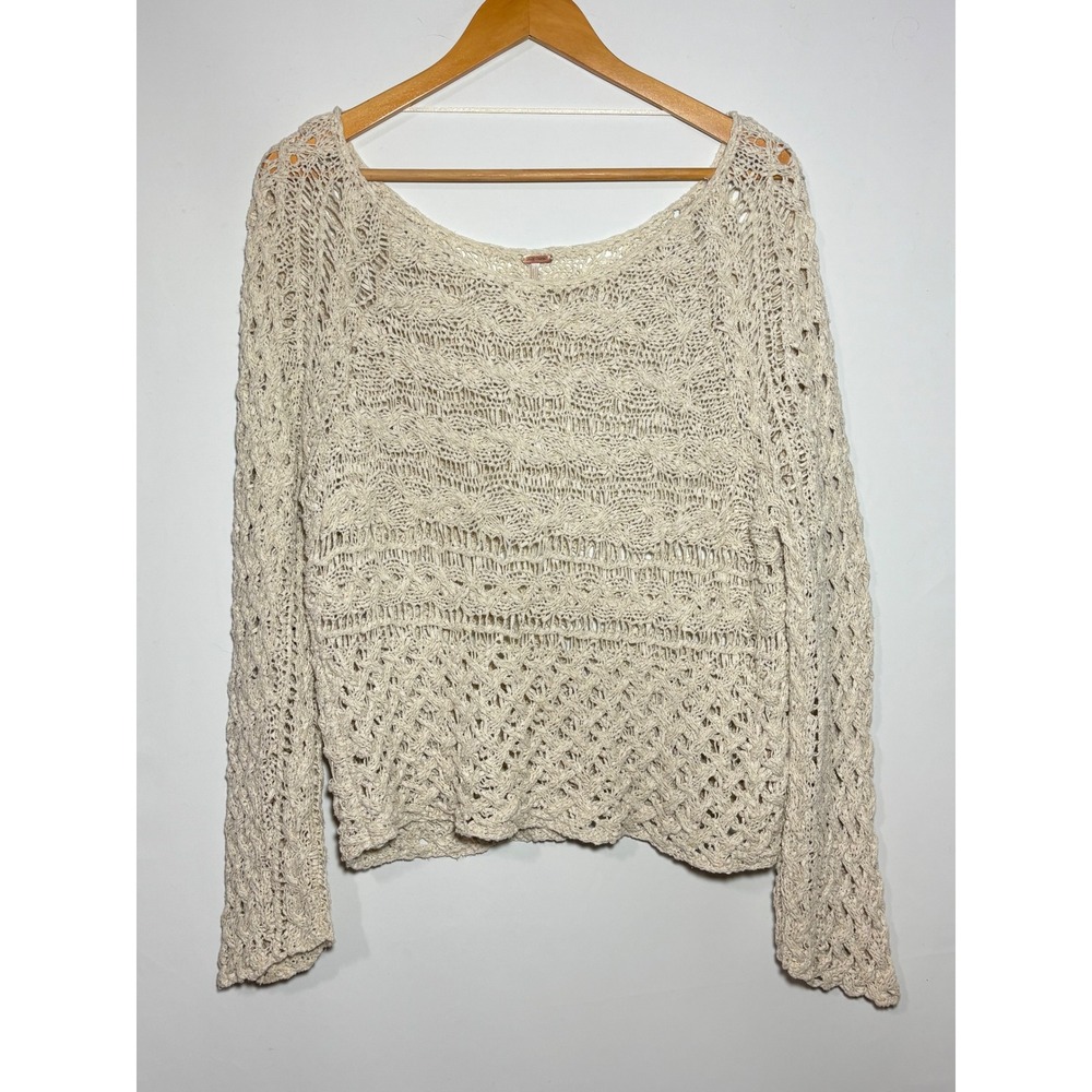 Free People Sweater Womens S Cream Crochet Open Knit Boho Scoop Neck Bell Slv